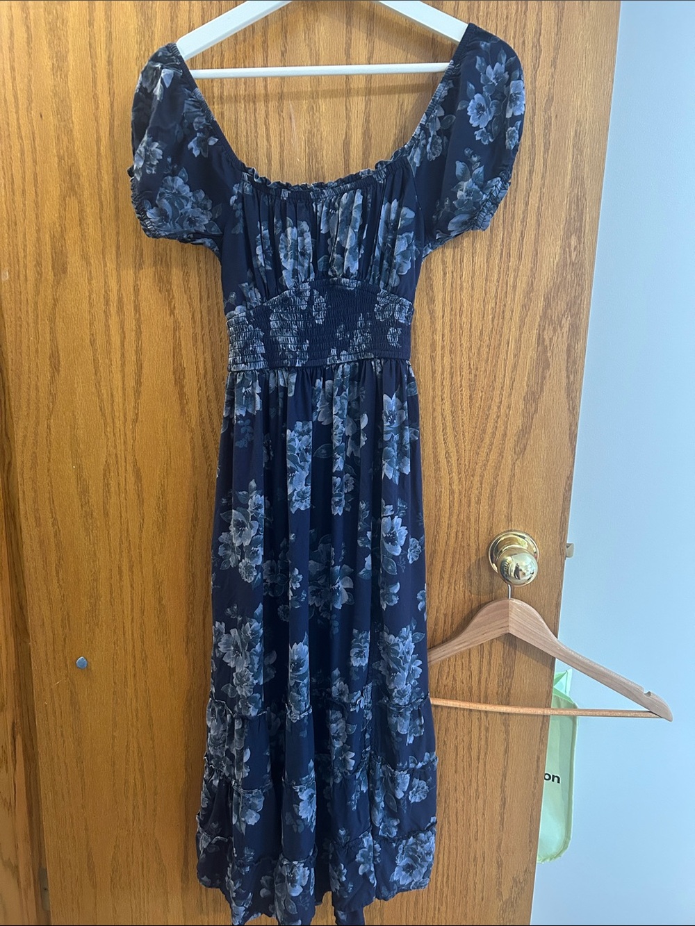 Hollister Navy Floral Smocked Waist Midi Dress
